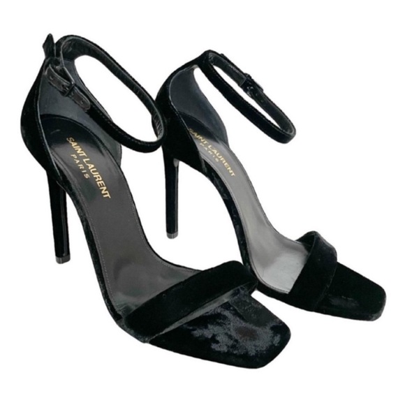 Like New Saint Laurent Amber 105 Black Velvet Ankle Strap Stiletto Heels - Picture 1 of 11
